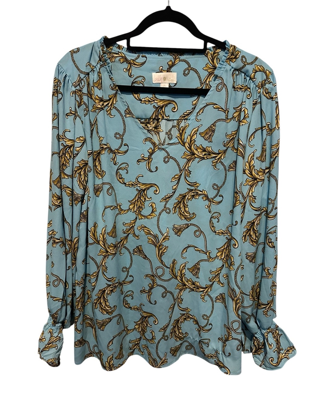 Belle Kim Gravel Blue Blouse with a Gold Baroque Pattern in a Size XL